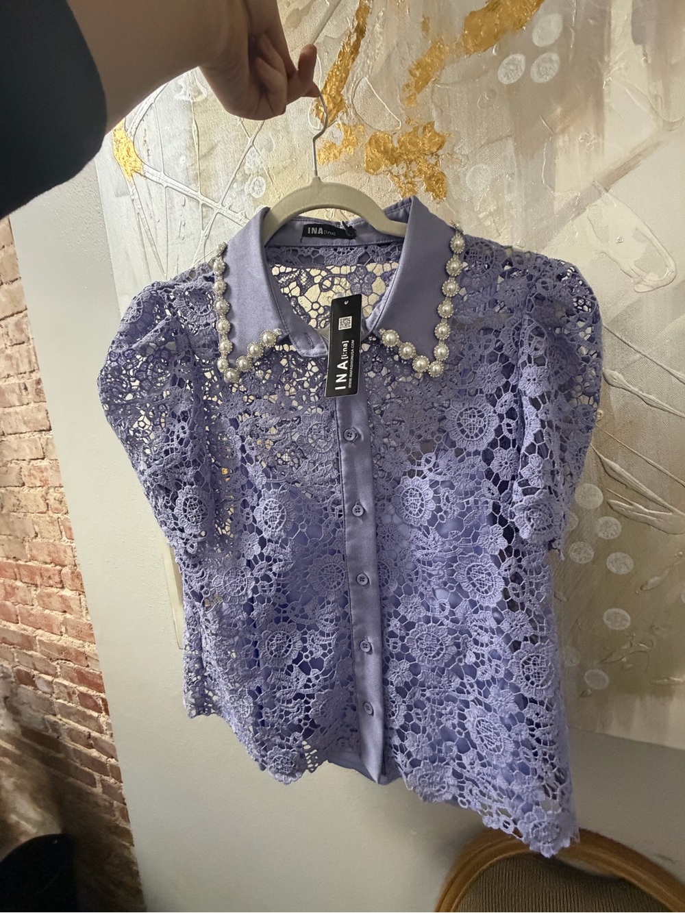 Ina Lavender Crochet Button-Down Blouse with Pearl-Trim Collar